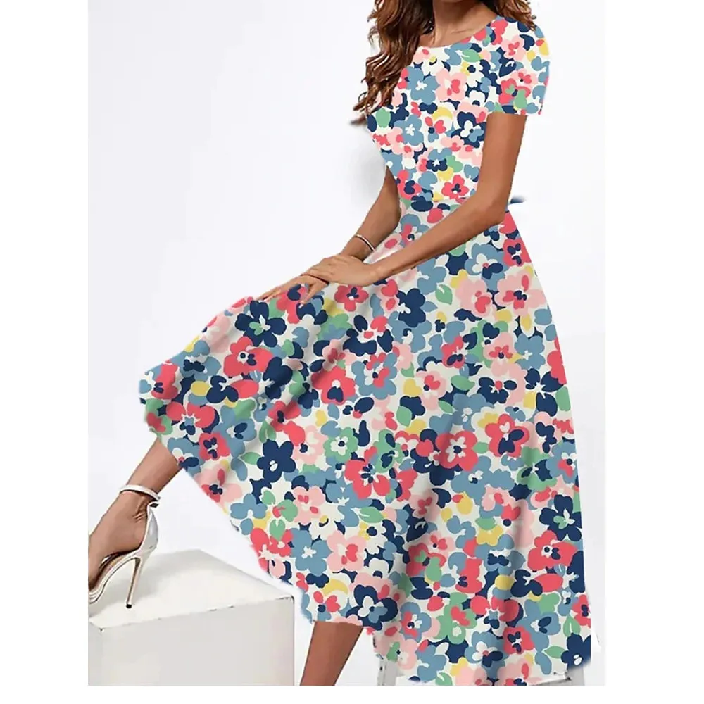 2023 New Womens Dresses 3d Flowers Print Short Sleeve Clothes Fashion Loose Elegant Skirt Summer Lady Oversized Vacation Dress