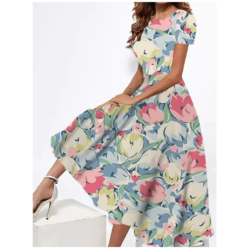 2023 New Womens Dresses 3d Flowers Print Short Sleeve Clothes Fashion Loose Elegant Skirt Summer Lady Oversized Vacation Dress