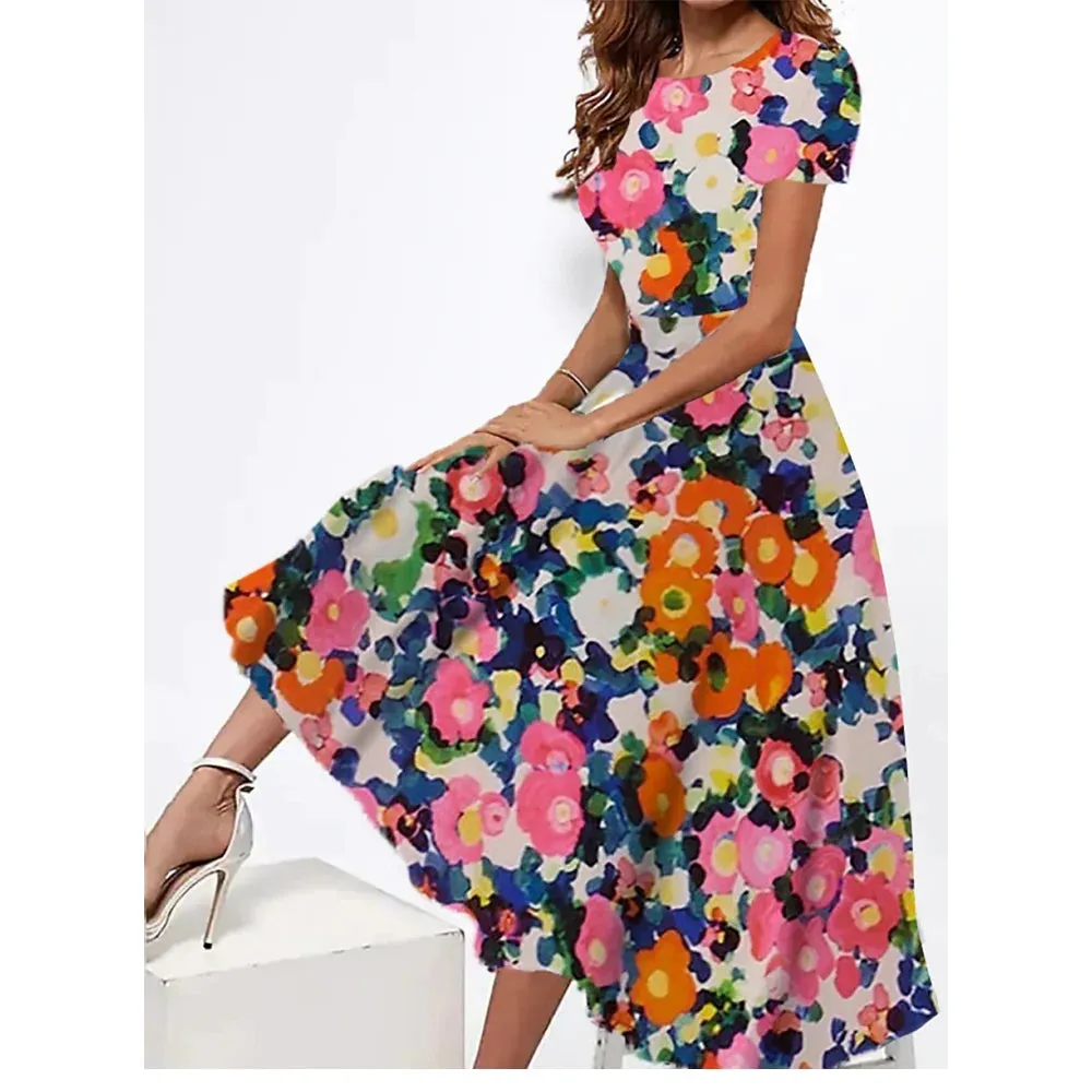 2023 New Womens Dresses 3d Flowers Print Short Sleeve Clothes Fashion Loose Elegant Skirt Summer Lady Oversized Vacation Dress