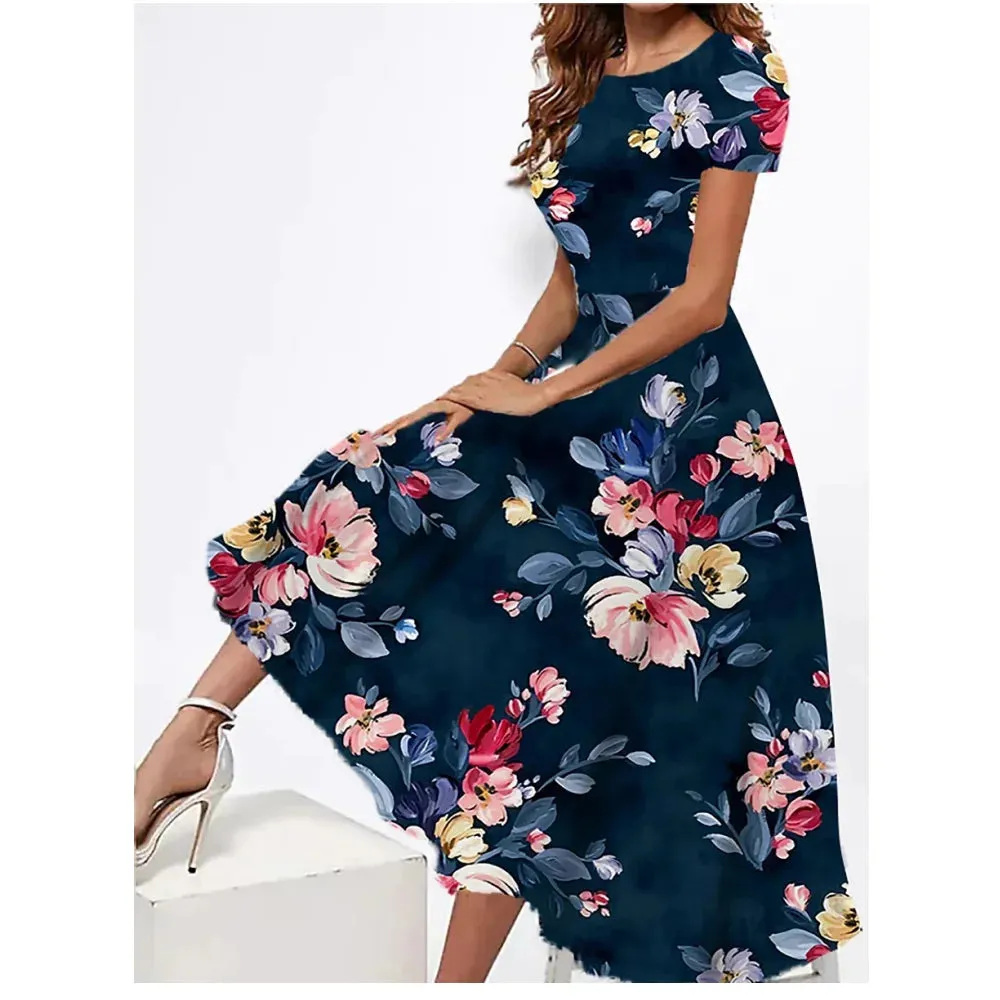 2023 New Womens Dresses 3d Flowers Print Short Sleeve Clothes Fashion Loose Elegant Skirt Summer Lady Oversized Vacation Dress