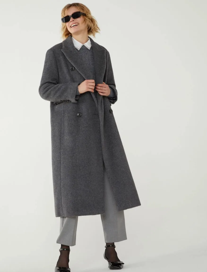 85% Wool Double Breasted Coat in Grey Melange