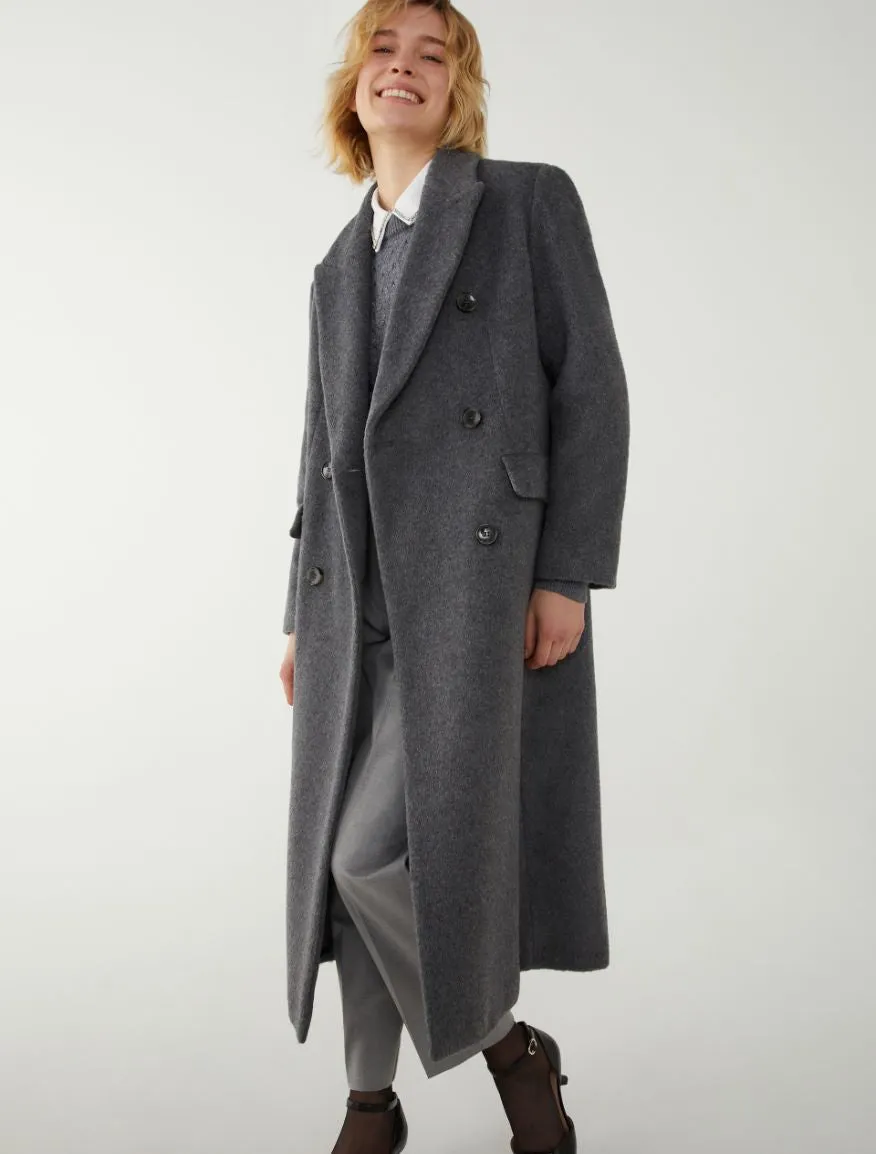 85% Wool Double Breasted Coat in Grey Melange