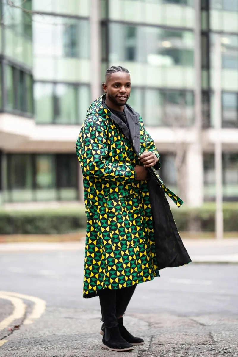 African Trench Coat in Green Ankara Print