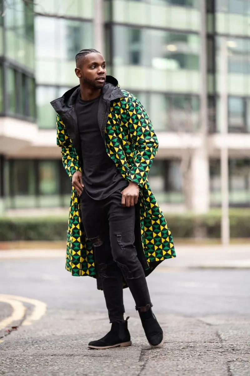 African Trench Coat in Green Ankara Print