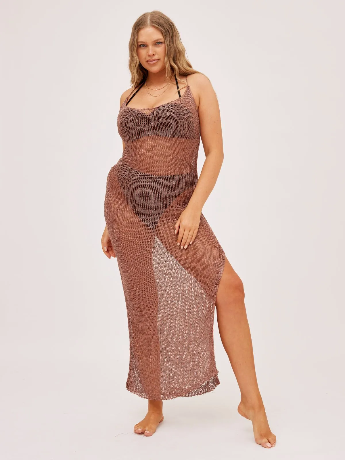 Arizona Crochet Open Back Maxi Dress in Bronze