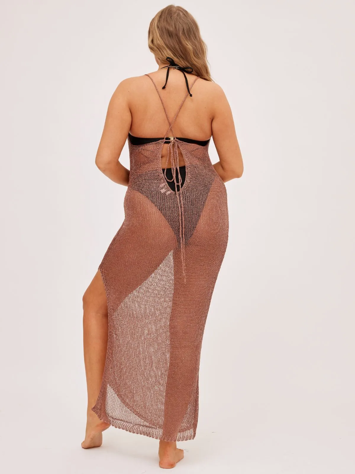 Arizona Crochet Open Back Maxi Dress in Bronze