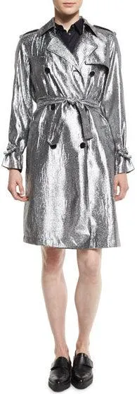 Belted Metallic Trench-Coat, Platinum