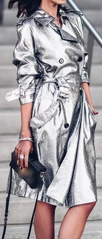 Belted Metallic Trench-Coat, Platinum