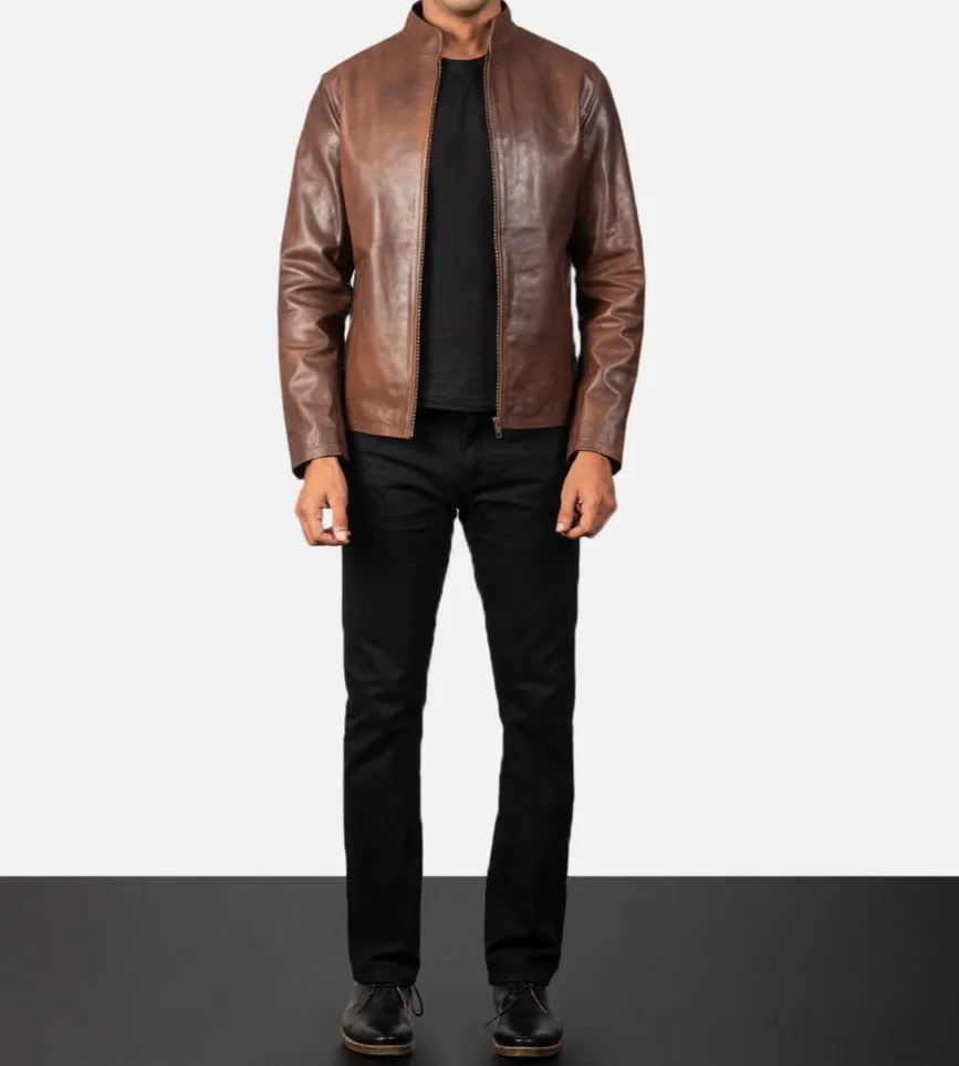 BIKER-1406 MUSH Brown Leather Biker Jacket