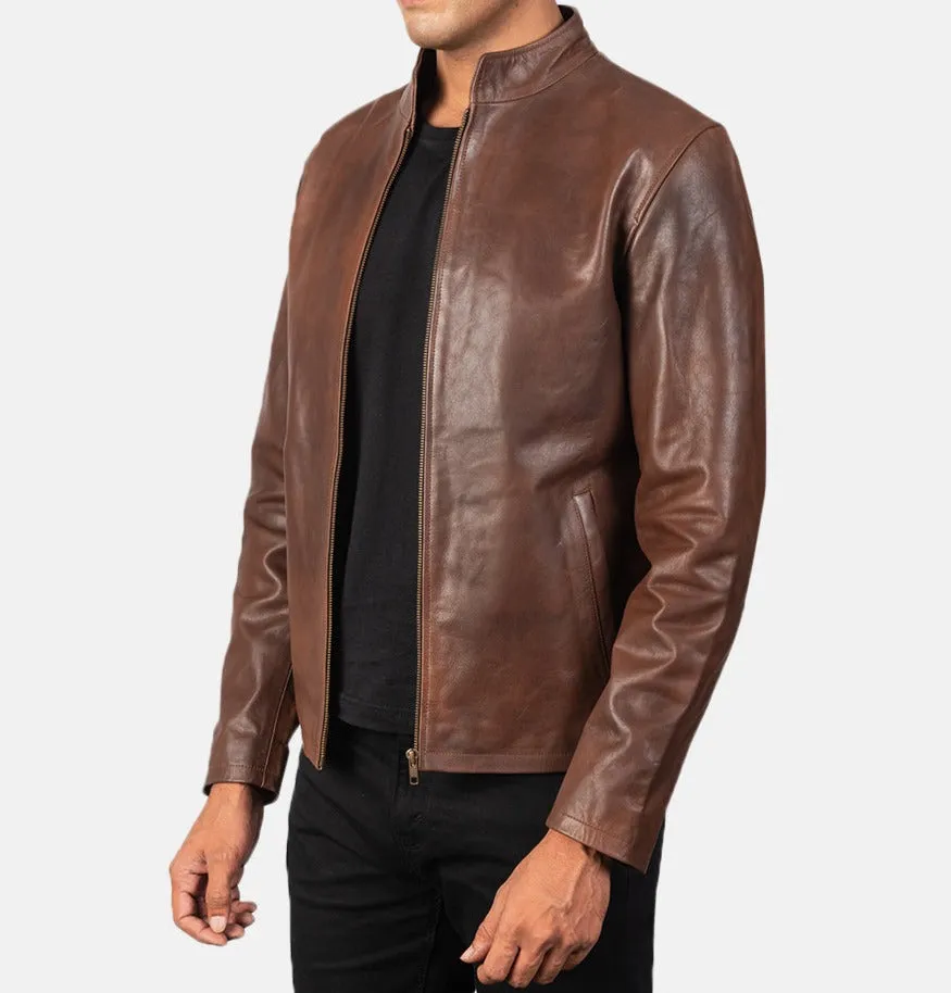 BIKER-1406 MUSH Brown Leather Biker Jacket