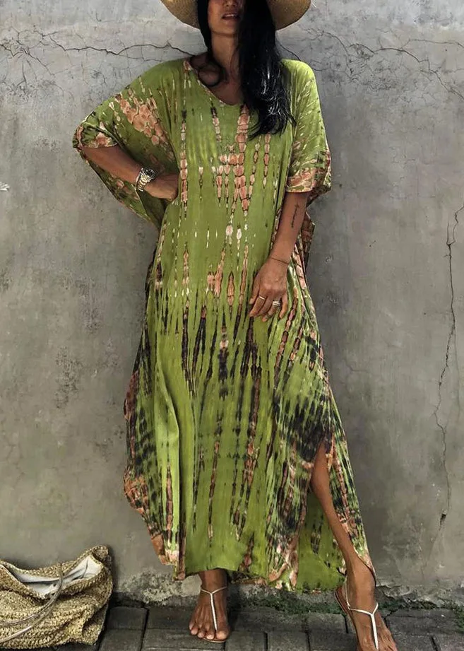 Bohemian Green V Neck Striped Print Women Beach Dress Summer VB1034