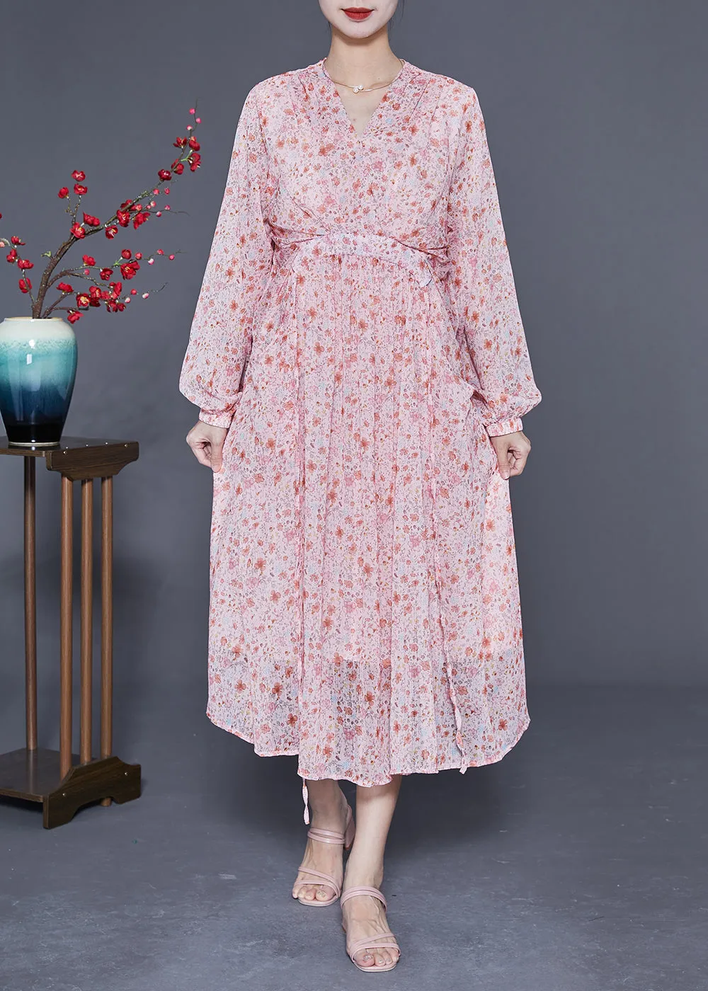 Bohemian Pink V Neck Cinched Print Chiffon Beach Dress Summer LY1772