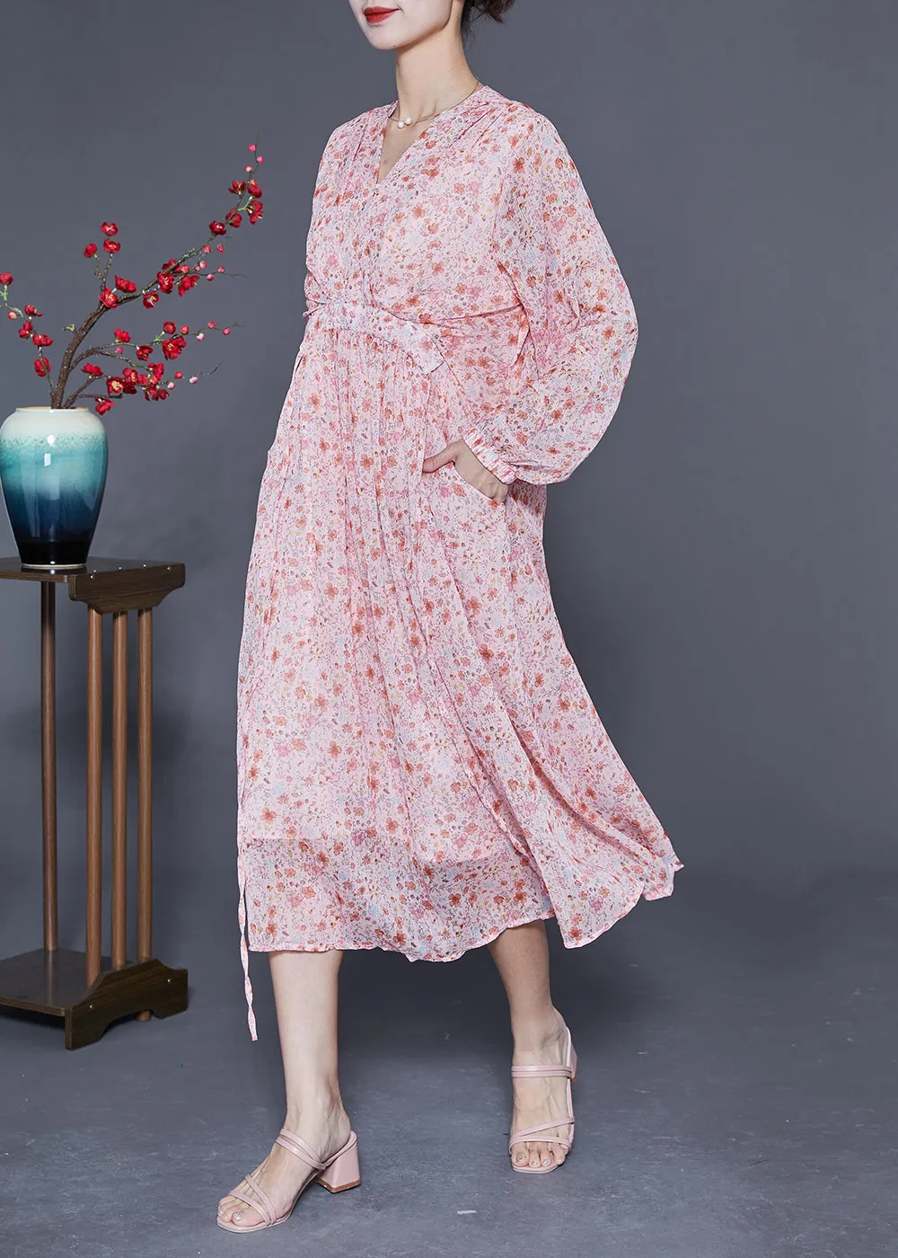 Bohemian Pink V Neck Cinched Print Chiffon Beach Dress Summer LY1772