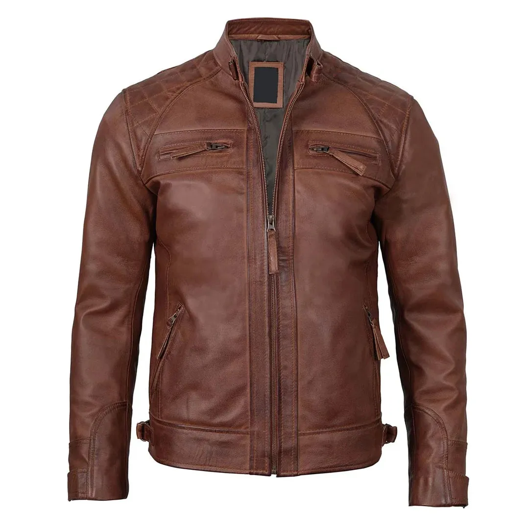 Brown Quilted Cafe Racer Leather Jacket