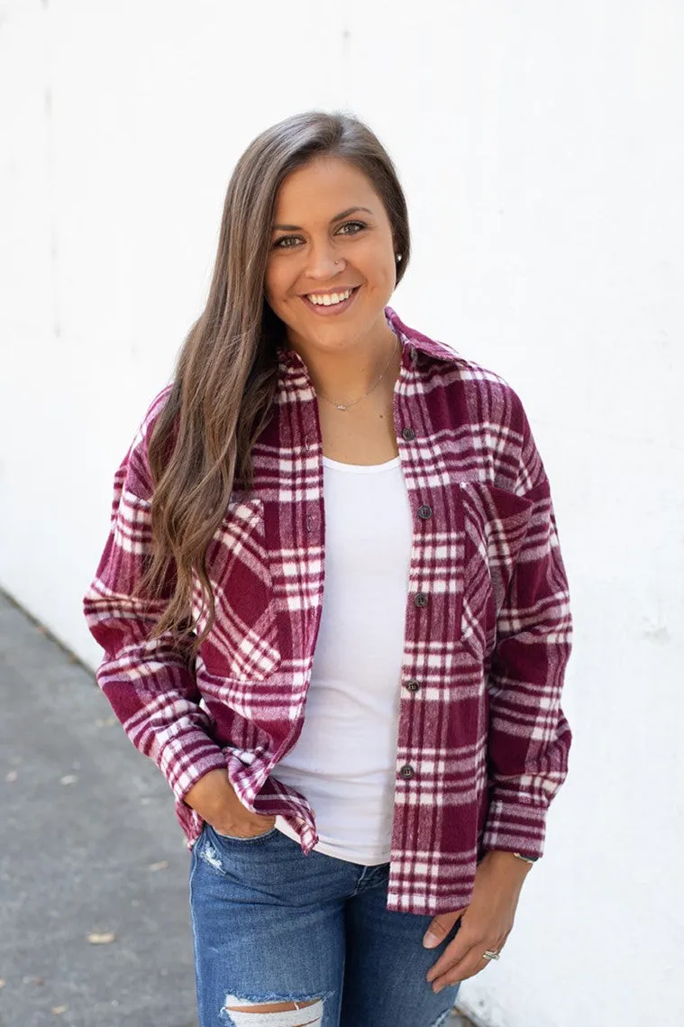 Burgundy Plaid Wool Blend Shacket