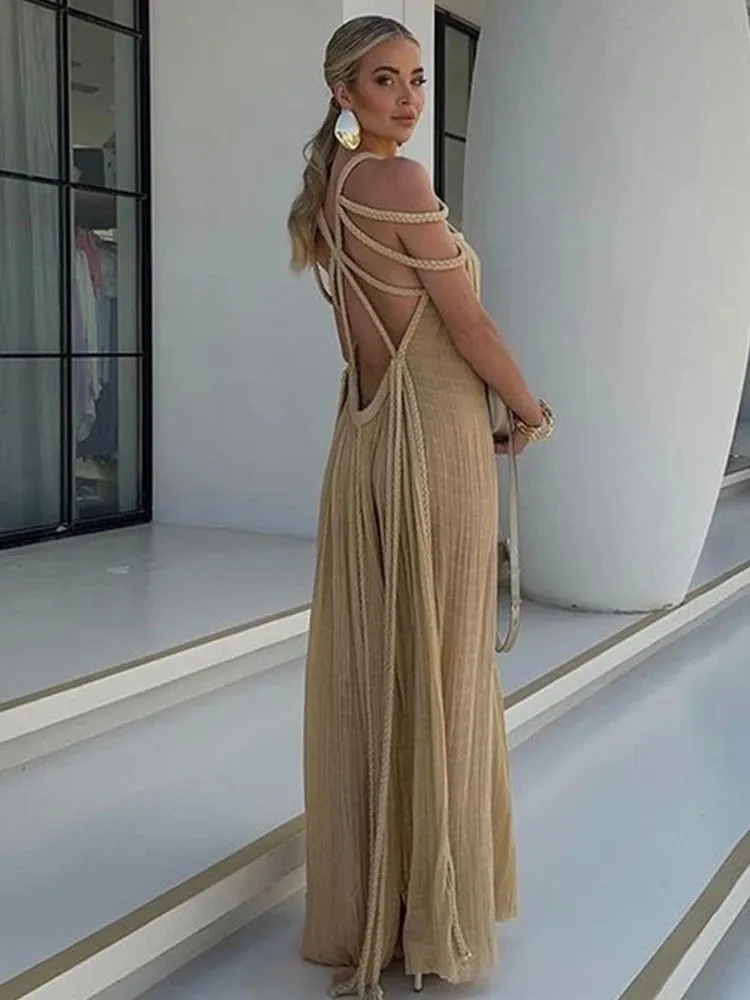 ByeMyLove Loose Sleeveless Beach Dress Backless Maxi Dress For Women Crochet Cut Out Off Shoulder Loose Hem Party Long Dress