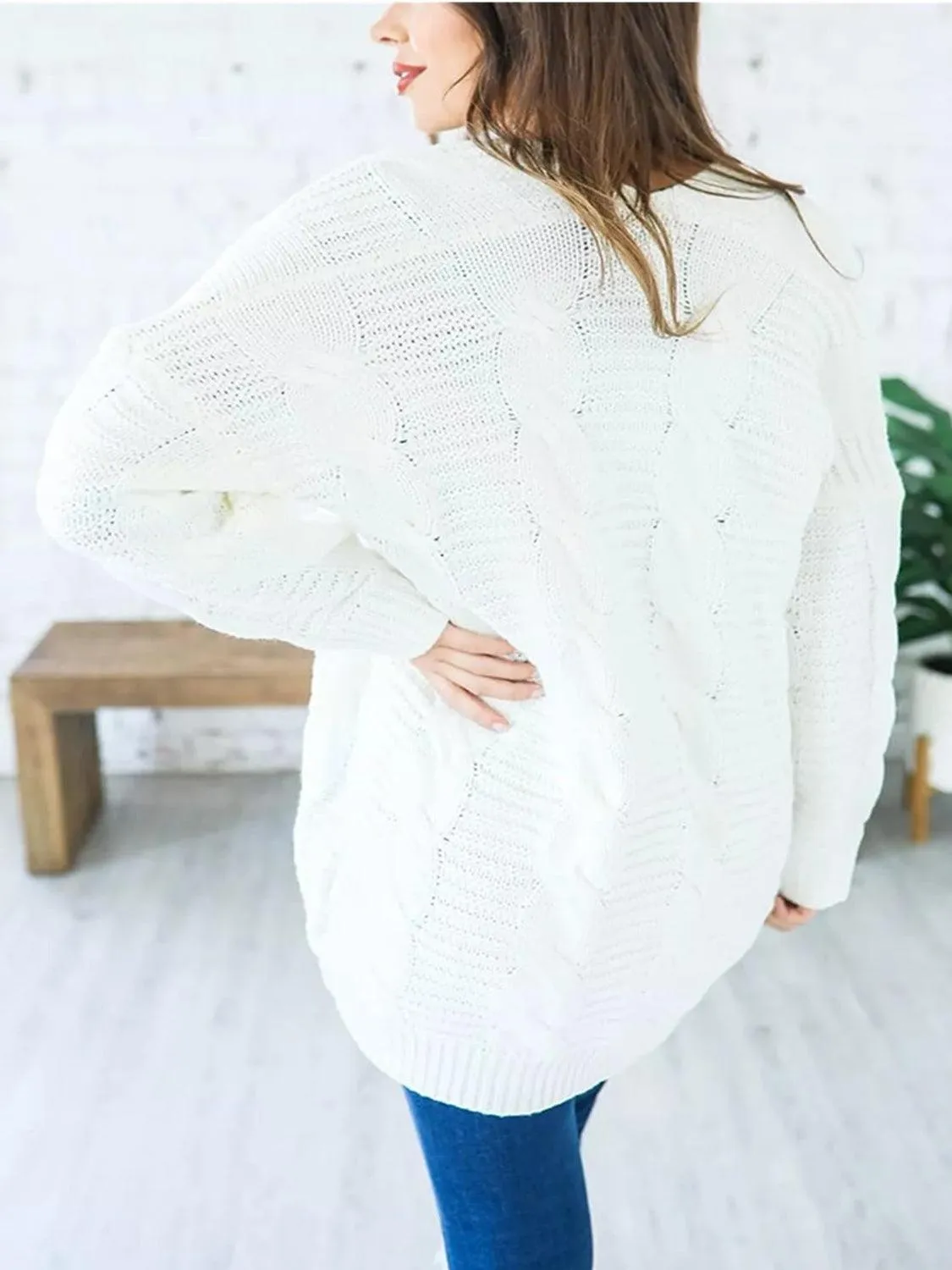 Cable-Knit Cardigan Open Front Long Sleeve Knitwear