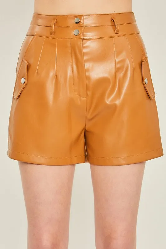 Camel Woven Solid Pocket Detail PU Shorts