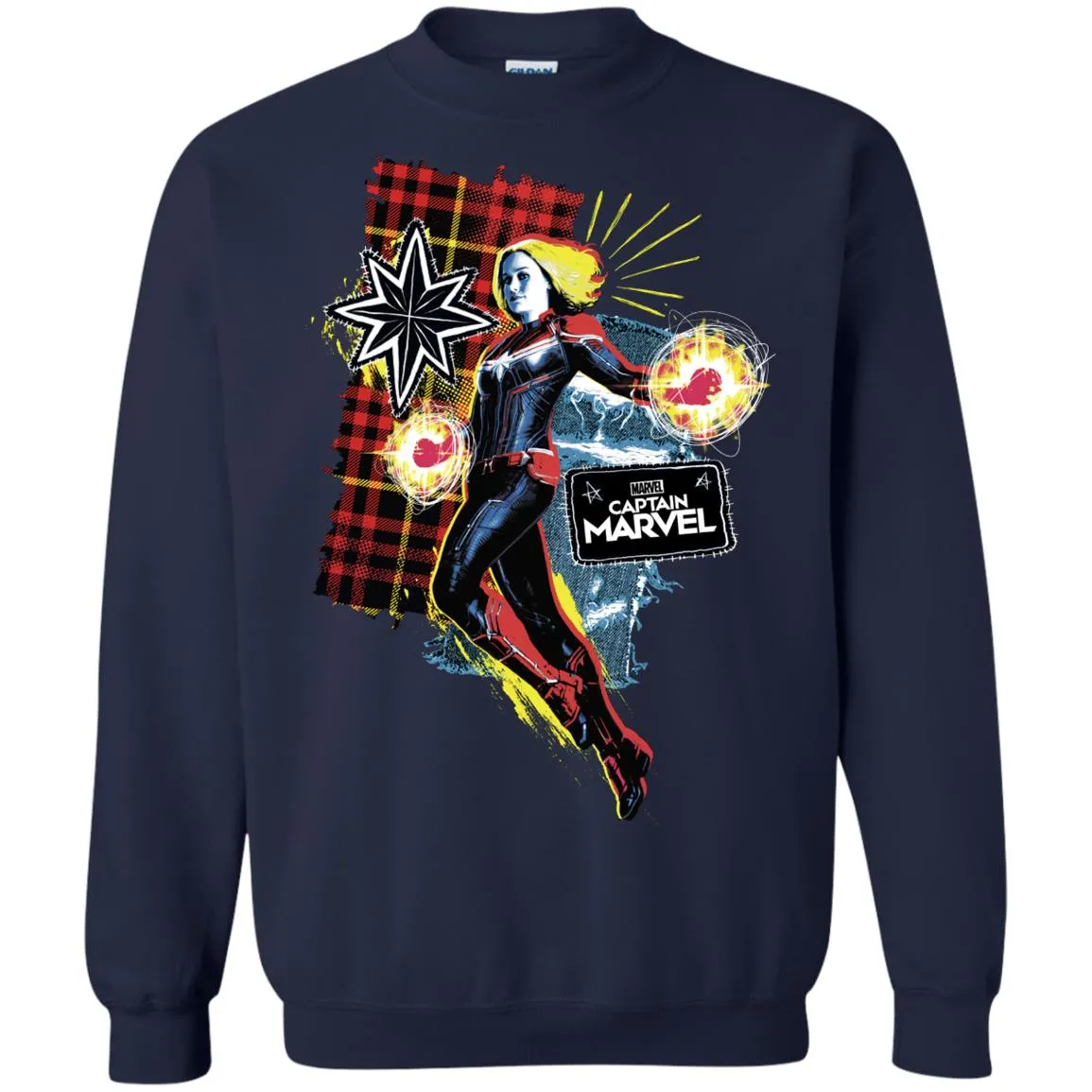 Captain Marvel Plaid Jean Patched Portrait Crewneck Pullover Sweatshirt