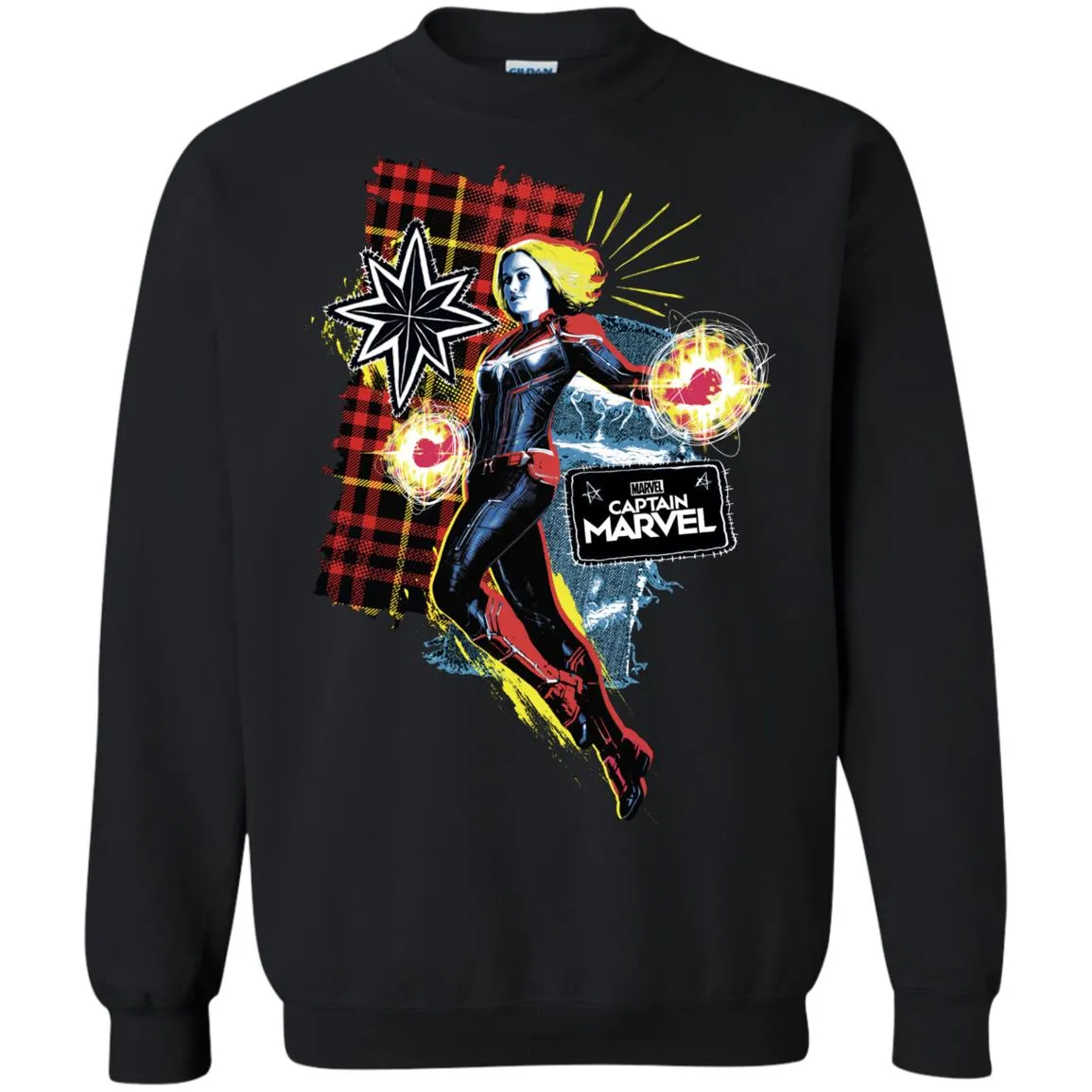 Captain Marvel Plaid Jean Patched Portrait Crewneck Pullover Sweatshirt