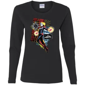 Captain Marvel Plaid Jean Patched Portrait Women Long Sleeve Shirt