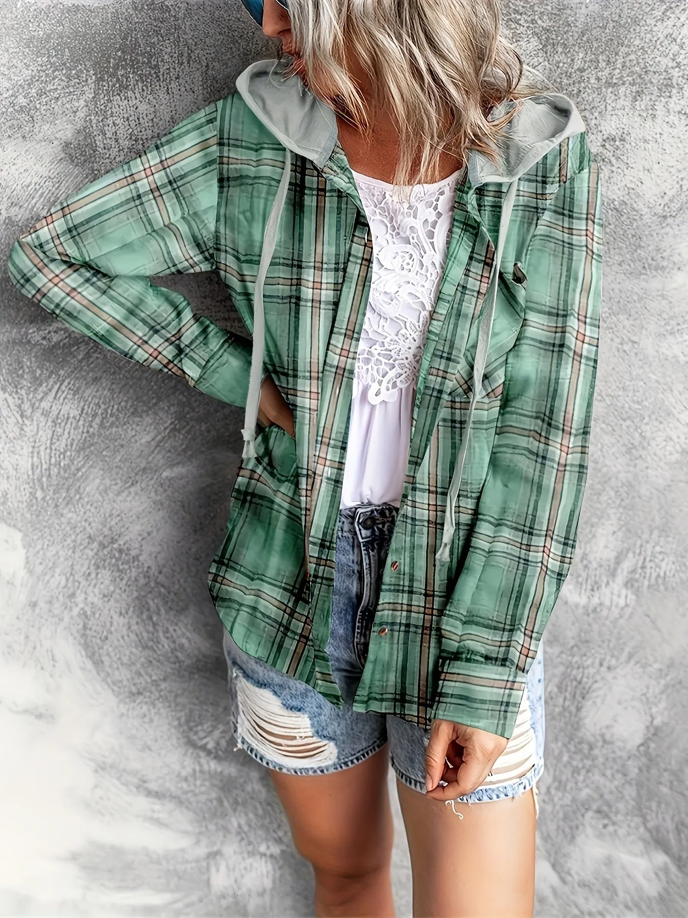 Casual Long Sleeve Drawstring Plaid Print Hooded Shirt