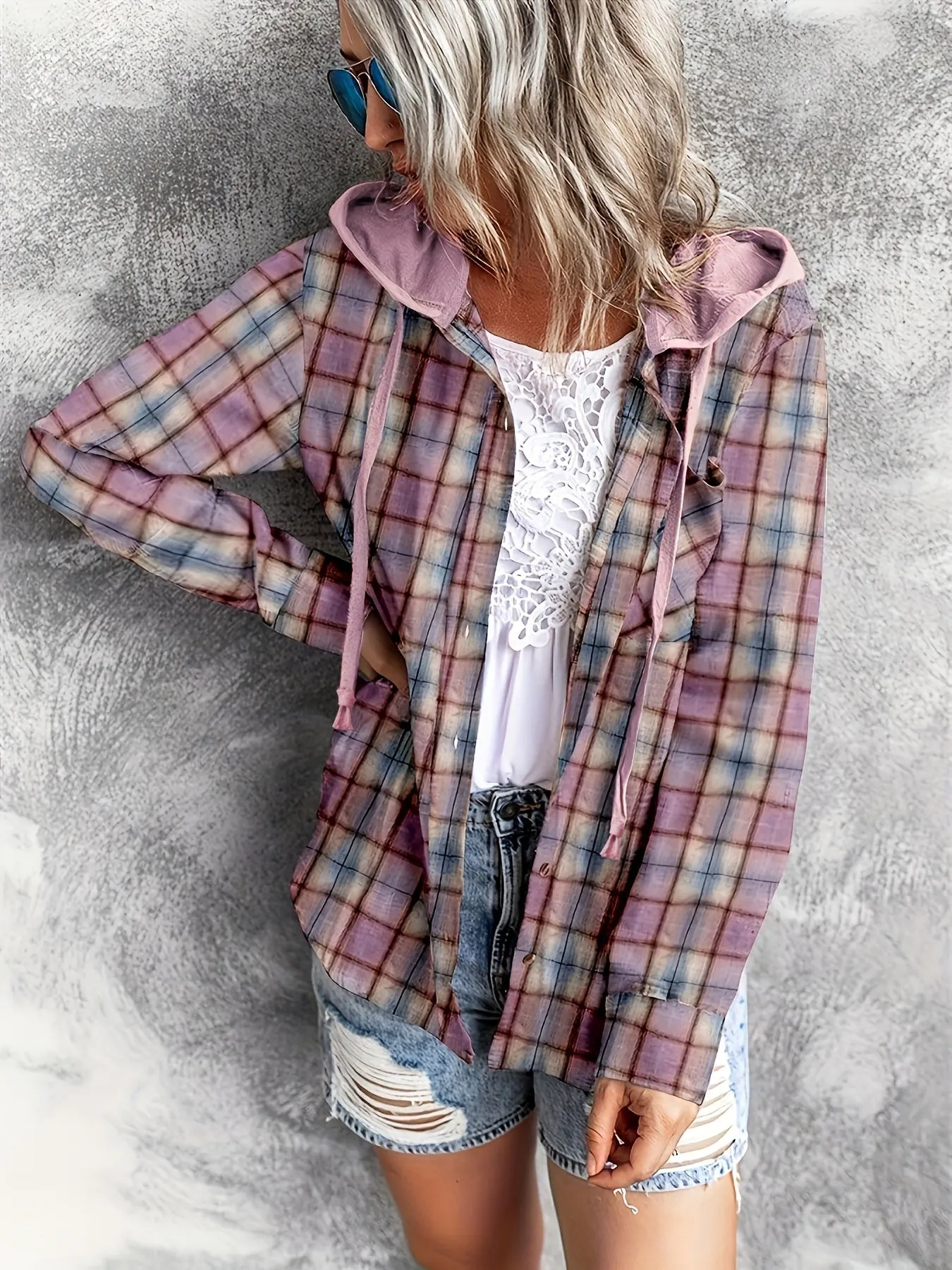 Casual Long Sleeve Drawstring Plaid Print Hooded Shirt