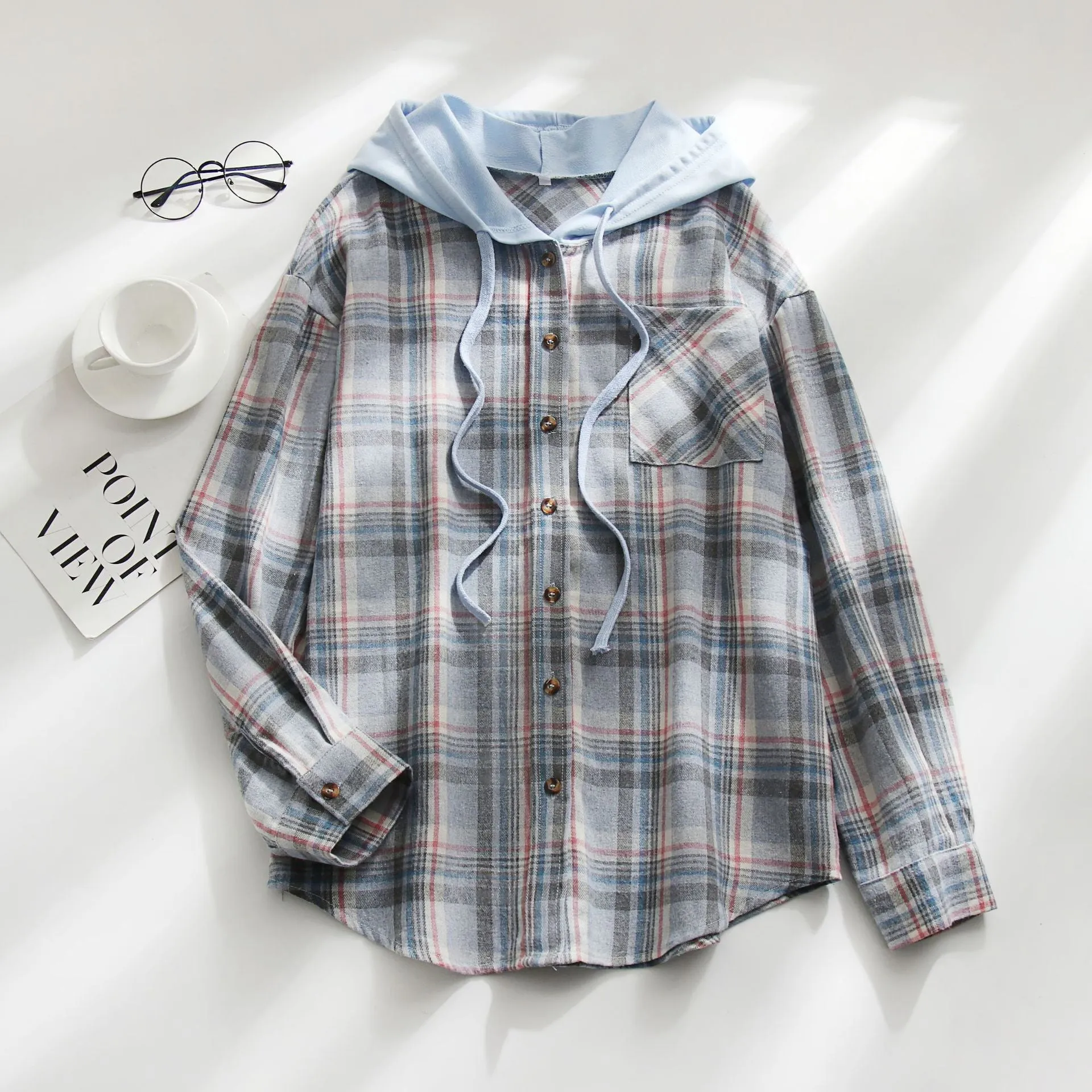 Casual Long Sleeve Drawstring Plaid Print Hooded Shirt