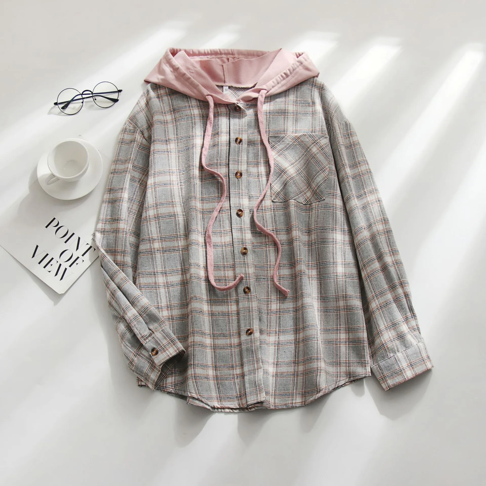 Casual Long Sleeve Drawstring Plaid Print Hooded Shirt