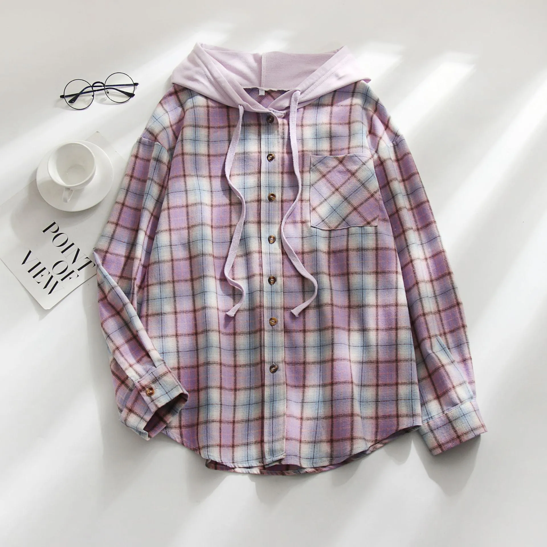 Casual Long Sleeve Drawstring Plaid Print Hooded Shirt