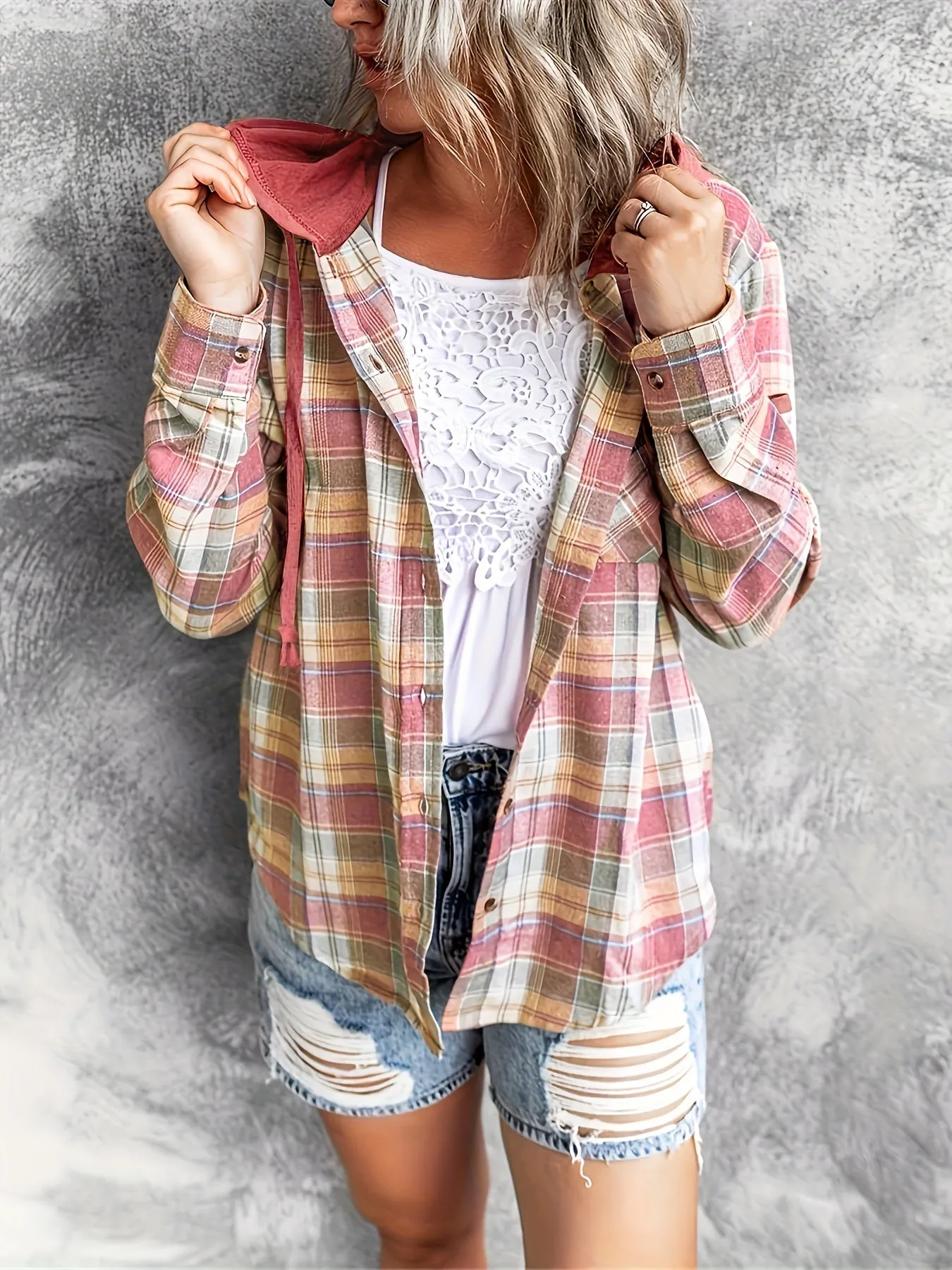 Casual Long Sleeve Drawstring Plaid Print Hooded Shirt