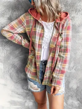 Casual Long Sleeve Drawstring Plaid Print Hooded Shirt