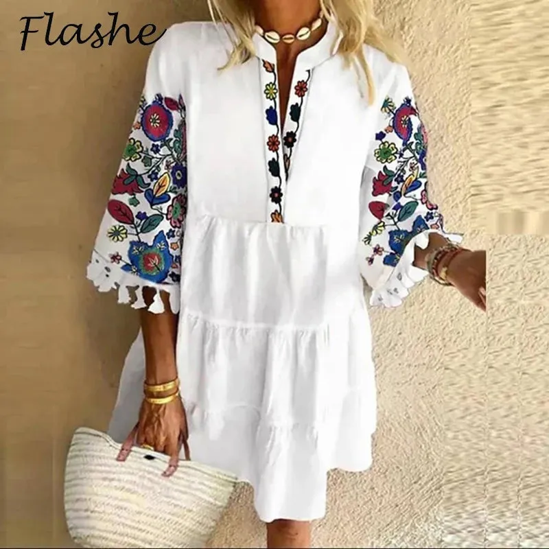 Casual Mini Dress Woman V Neck Summer Dress 2023 Vintage Print Patchwork Loose Beach Dress Ladies Party Dresses