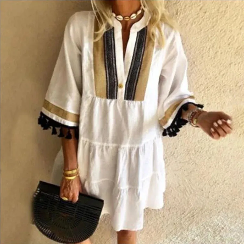 Casual Mini Dress Woman V Neck Summer Dress 2023 Vintage Print Patchwork Loose Beach Dress Ladies Party Dresses