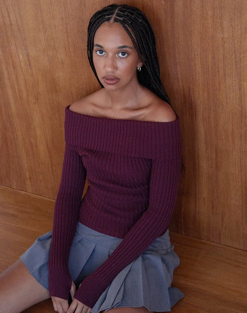 Circe Knitted Bardot Jumper in Burgundy