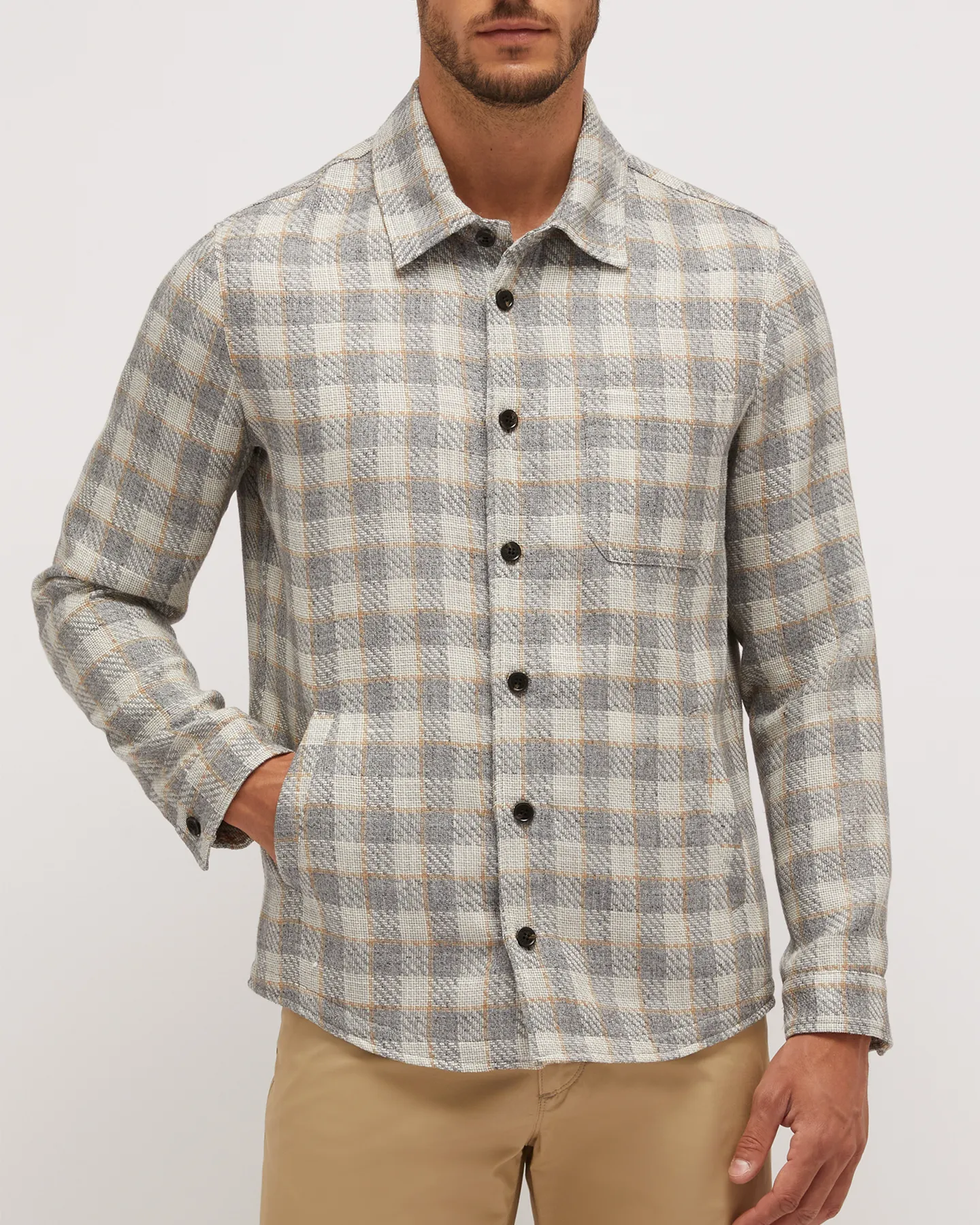 CLASSIC SILK BLEND PLAID OVERSHIRT WITH POCKETS - ALUMINIUM TAUPE