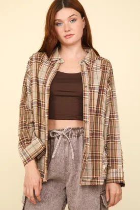 Contrast Plaid Raw Detail Taupe Shirt - Comfy & Casual