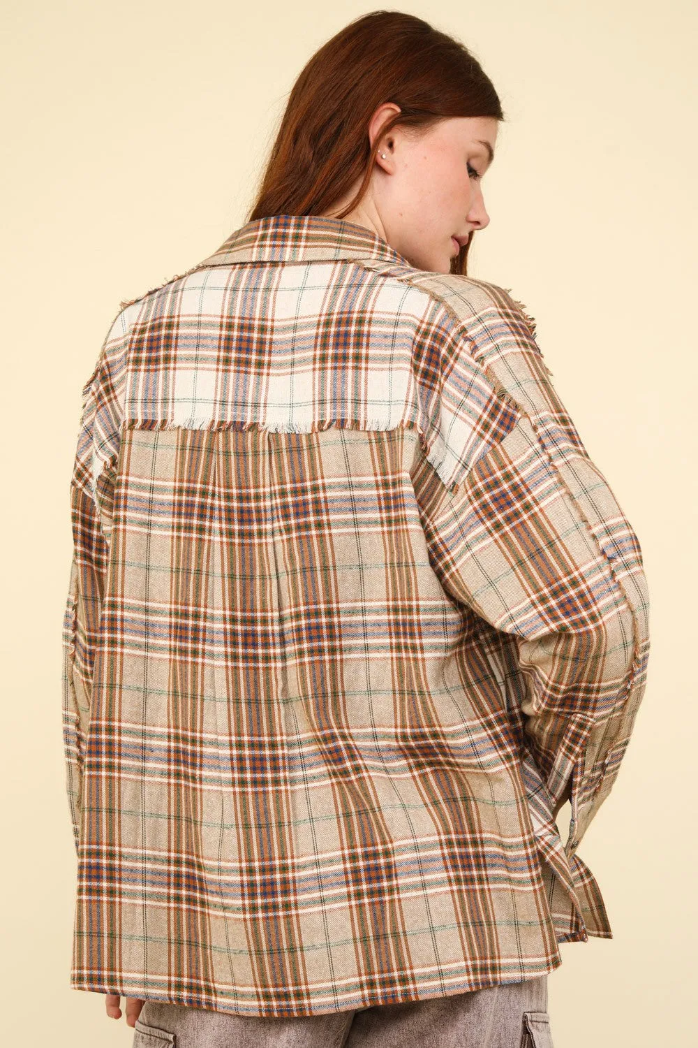 Contrast Plaid Raw Detail Taupe Shirt - Comfy & Casual