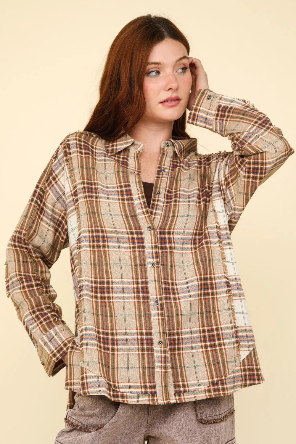 Contrast Plaid Raw Detail Taupe Shirt - Comfy & Casual