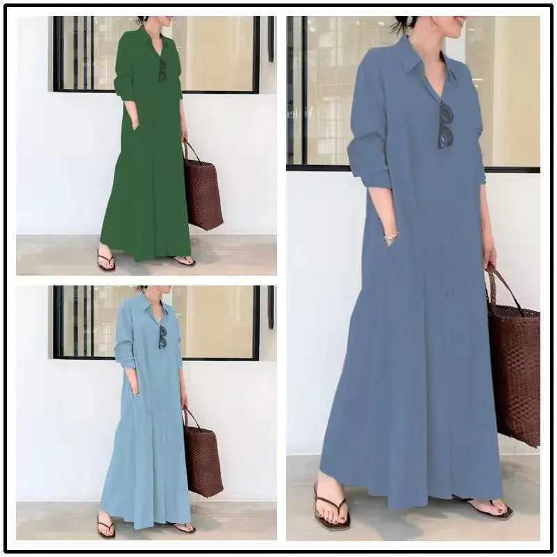 Cotton linen dress for women summer lapel long sleeve pocket Large size Cotton linen dress simple loose casual long shirt dress