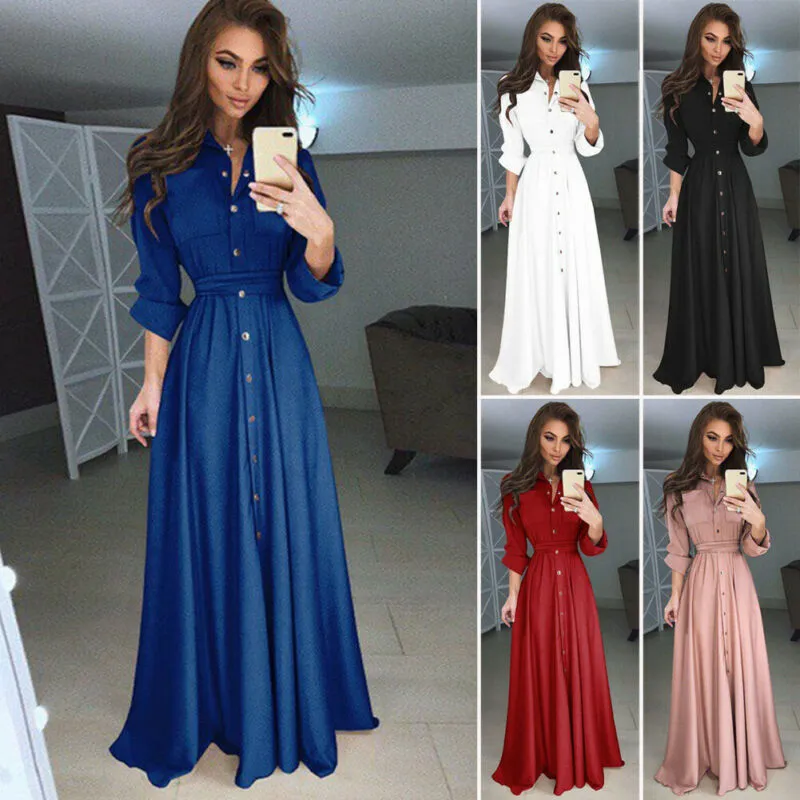 deanwangkt Fashion Womens Boho Long Sleeve Elegant Button Down V-neck Long Maxi Dress Ladies Evening Party Beach Bodycon Dresses Sundress