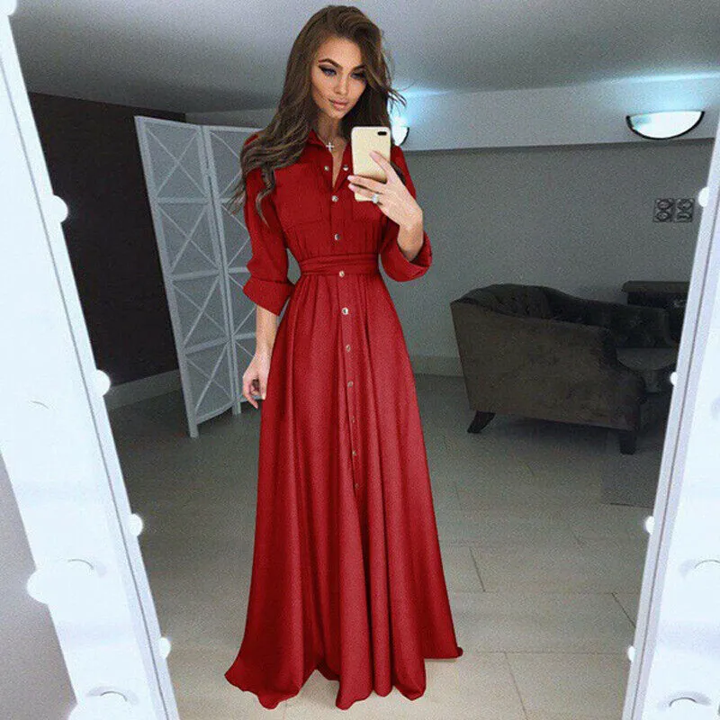 deanwangkt Fashion Womens Boho Long Sleeve Elegant Button Down V-neck Long Maxi Dress Ladies Evening Party Beach Bodycon Dresses Sundress