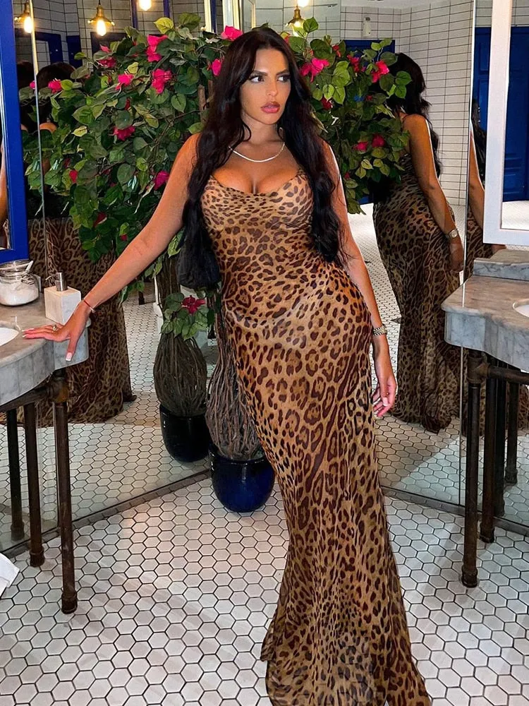 deanwangkt Leopard Print V-Neck Sexy Bodycon Long Dress Women Lace Up Backless Summer Dresses Female Straps Party Beach Vestidos