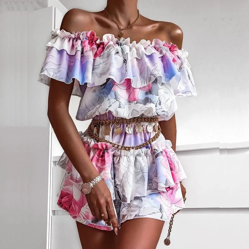 deanwangkt Sexy Off Shoulder Ruffle Mini Dresses Women Elegant Slash Neck Summer Beach Dress Casual Vintage Floral Print Ladies Party Dress