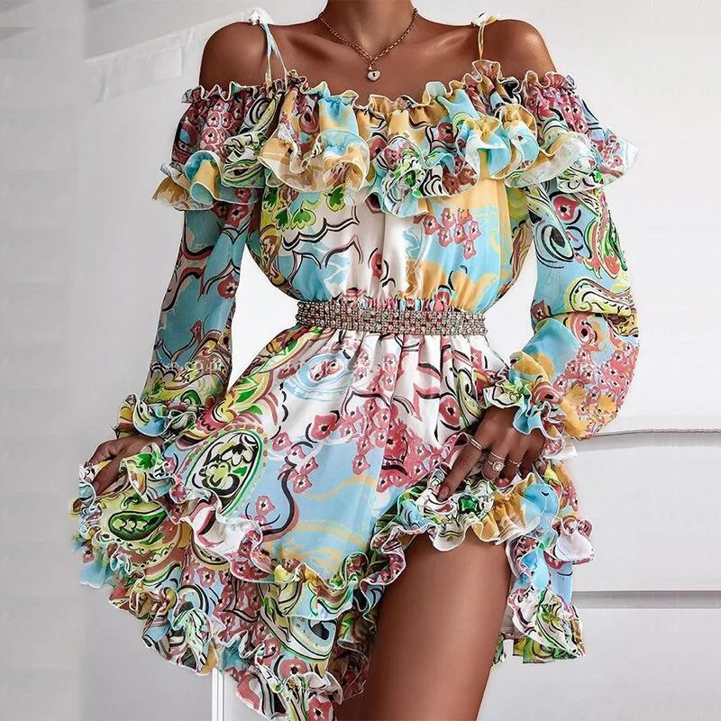 deanwangkt Sexy Off Shoulder Ruffle Mini Dresses Women Elegant Slash Neck Summer Beach Dress Casual Vintage Floral Print Ladies Party Dress