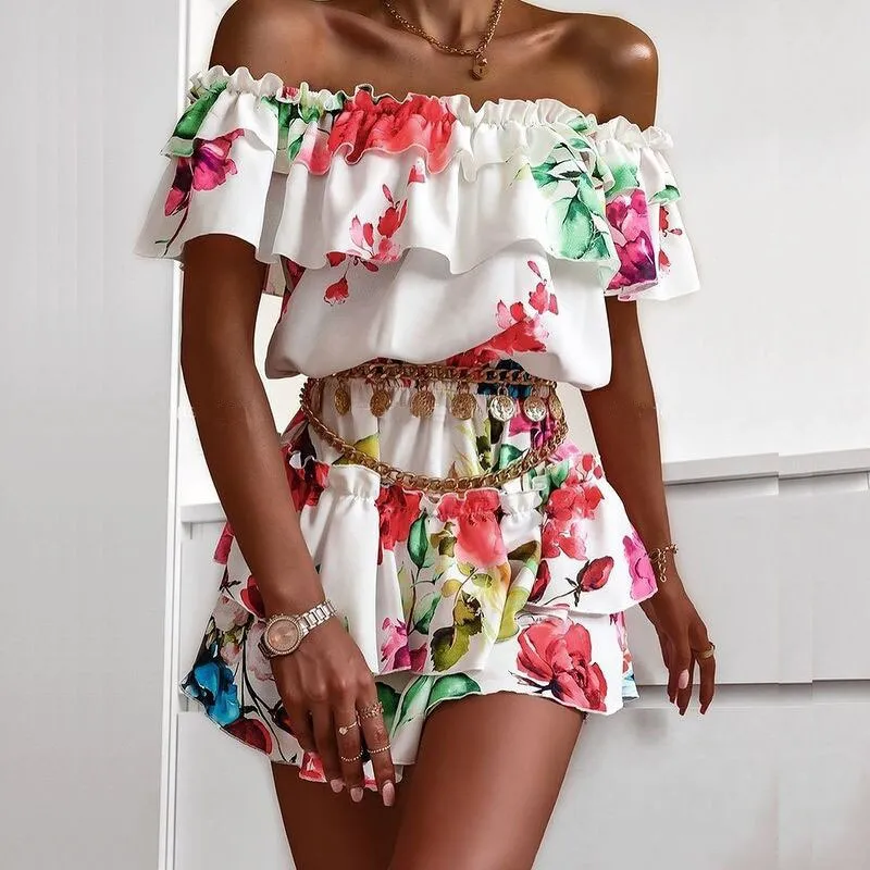 deanwangkt Sexy Off Shoulder Ruffle Mini Dresses Women Elegant Slash Neck Summer Beach Dress Casual Vintage Floral Print Ladies Party Dress