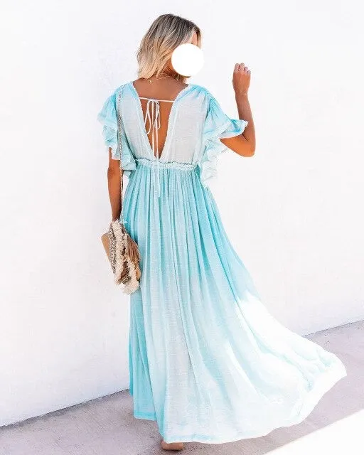 deanwangkt  Summer Beach Maxi Dress Women Pleated Drawstring High Waist Long Dress Solid Boho Casual V-Neck Sexy Party Dresses