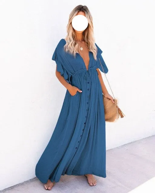 deanwangkt  Summer Beach Maxi Dress Women Pleated Drawstring High Waist Long Dress Solid Boho Casual V-Neck Sexy Party Dresses