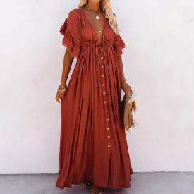 deanwangkt  Summer Beach Maxi Dress Women Pleated Drawstring High Waist Long Dress Solid Boho Casual V-Neck Sexy Party Dresses