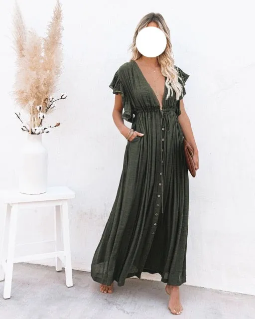 deanwangkt  Summer Beach Maxi Dress Women Pleated Drawstring High Waist Long Dress Solid Boho Casual V-Neck Sexy Party Dresses